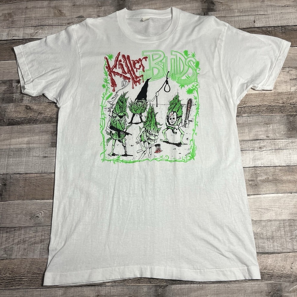 Killer Buds Shirt Size XL White Vintage 80s Cannabis Weed Tee Neon